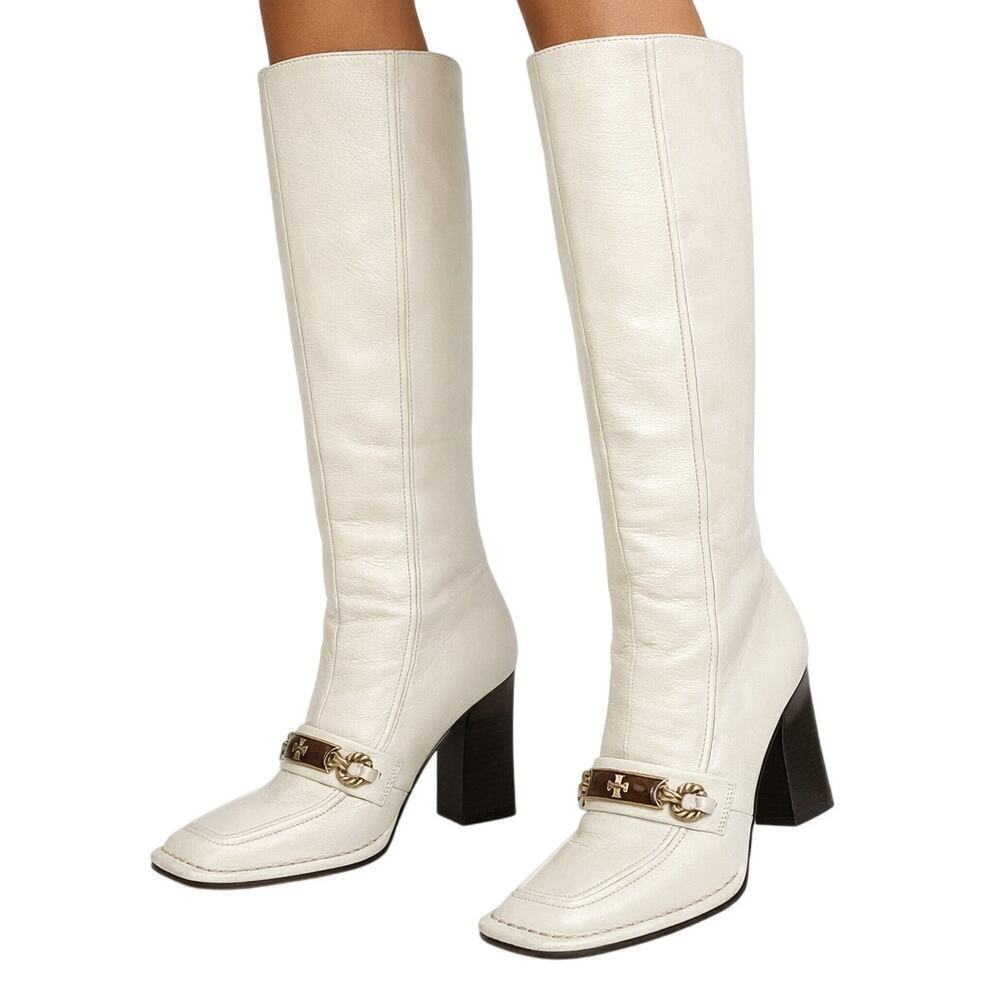 Tory Burch Logo Boots Tall Ivory Genuine Leather Knee High Size 6 Box Bag Incl